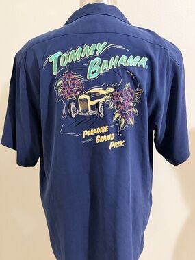Tommy Bahama Paradise Grand Prix Camp Shirt Mens Size M Navy Silk Shirt